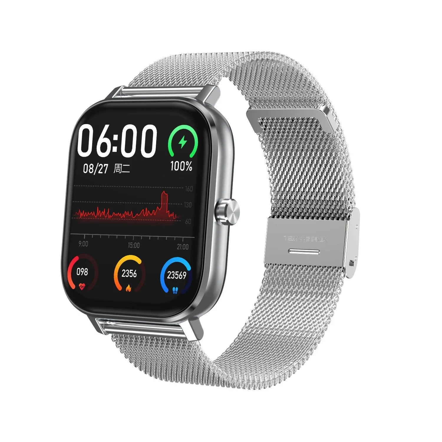 Smart bracelet with a 1.54-inch screen showing health stats, on a choice of silicone or metal mesh wrist strap.