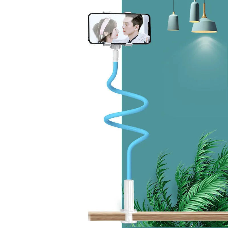 Blue adjustable mobile phone holder with memory alloy hose mounted on a bed frame.
