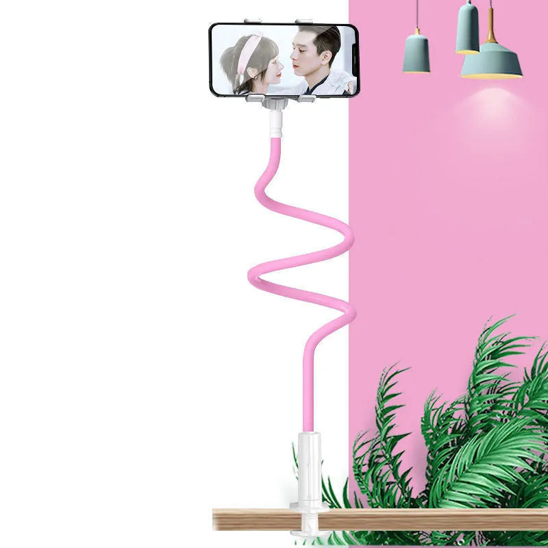 Blue adjustable mobile phone holder with memory alloy hose mounted on a bed frame.