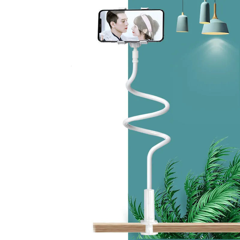 Blue adjustable mobile phone holder with memory alloy hose mounted on a bed frame.
