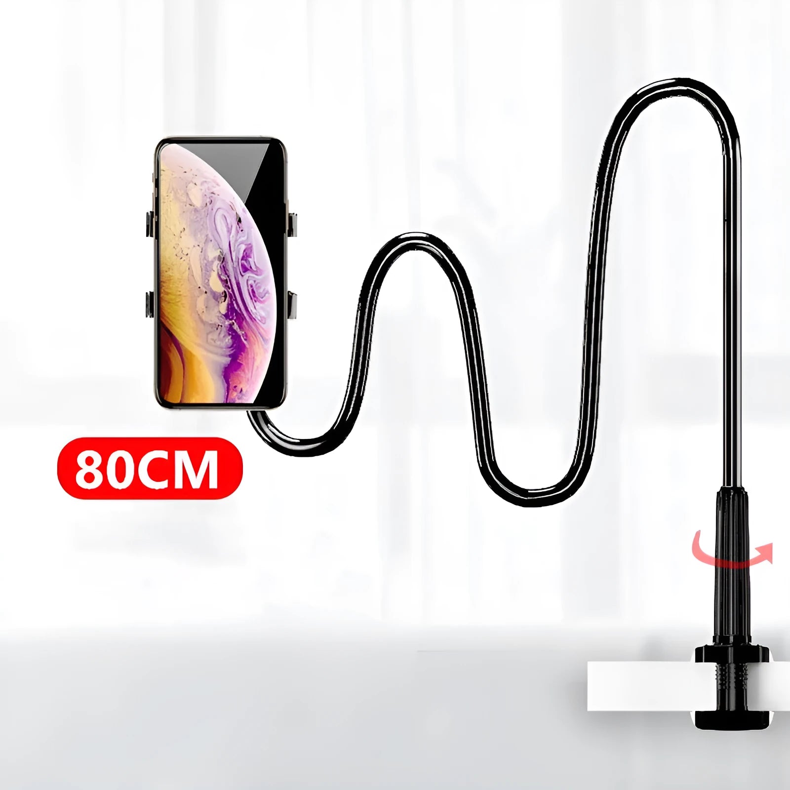 Blue adjustable mobile phone holder with memory alloy hose mounted on a bed frame.