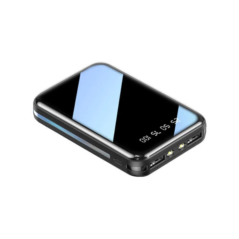 Mini digital display power bank in plastic shell showing capacity readout.