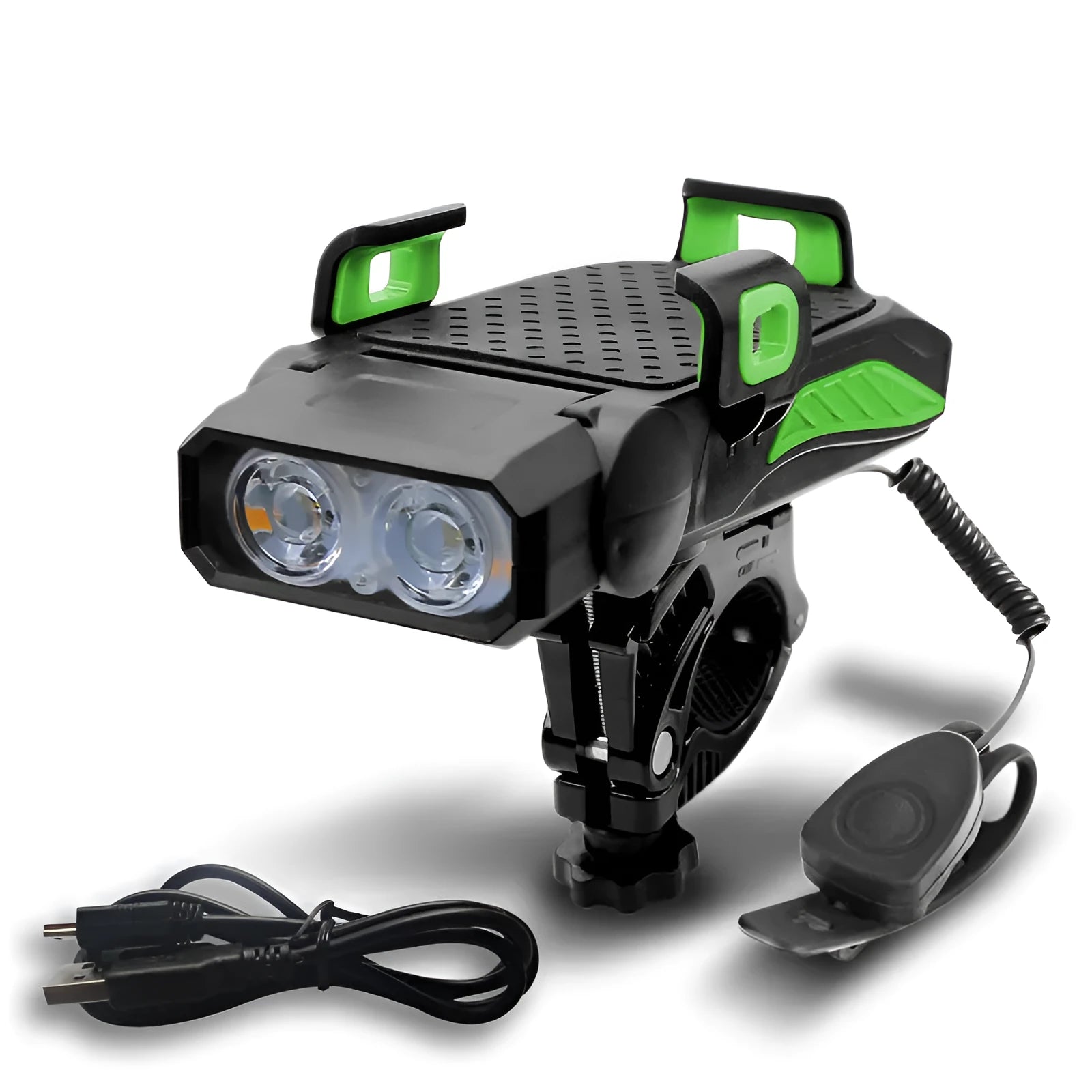 A rechargeable bicycle light shown in black, mounted on handlebars, with option for single or double lamp style.