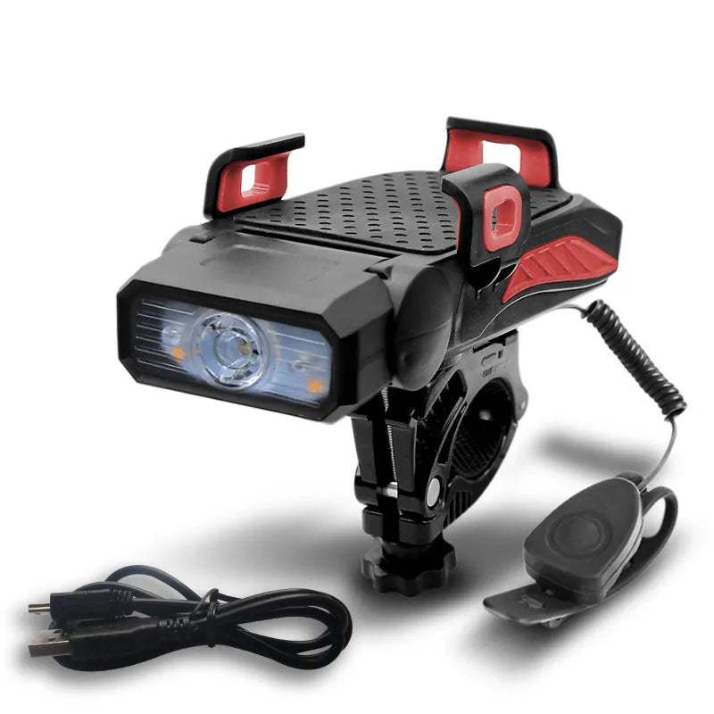 A rechargeable bicycle light shown in black, mounted on handlebars, with option for single or double lamp style.