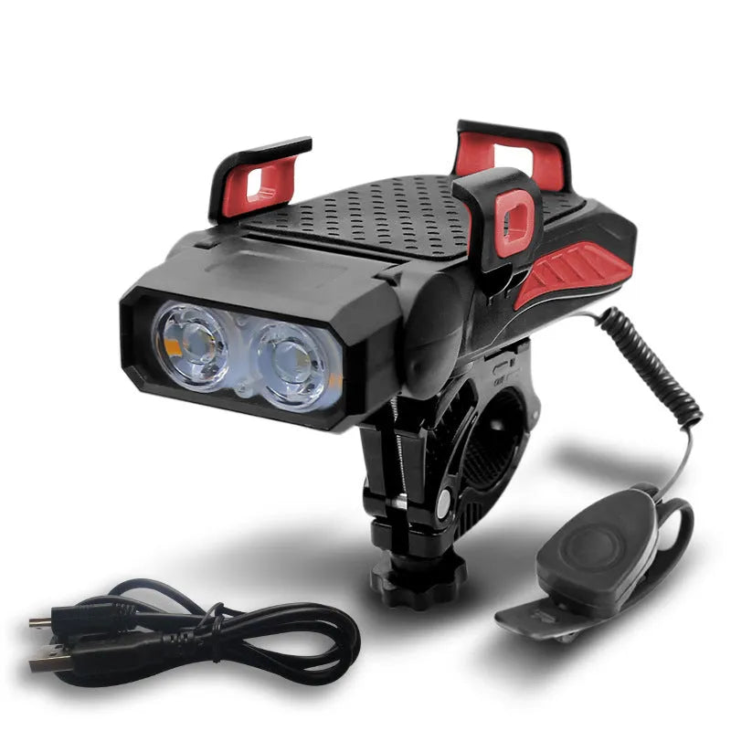 A rechargeable bicycle light shown in black, mounted on handlebars, with option for single or double lamp style.