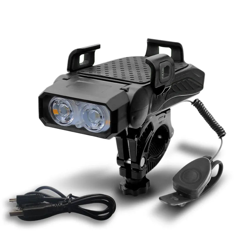 A rechargeable bicycle light shown in black, mounted on handlebars, with option for single or double lamp style.