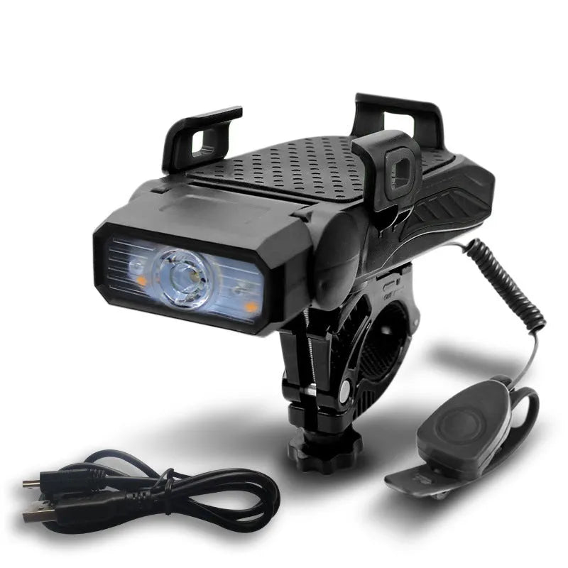 A rechargeable bicycle light shown in black, mounted on handlebars, with option for single or double lamp style.