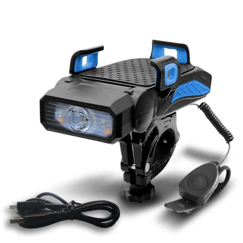A rechargeable bicycle light shown in black, mounted on handlebars, with option for single or double lamp style.