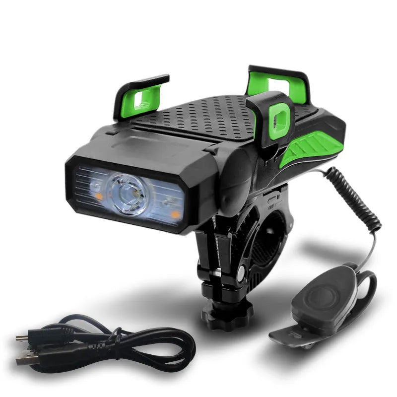 A rechargeable bicycle light shown in black, mounted on handlebars, with option for single or double lamp style.