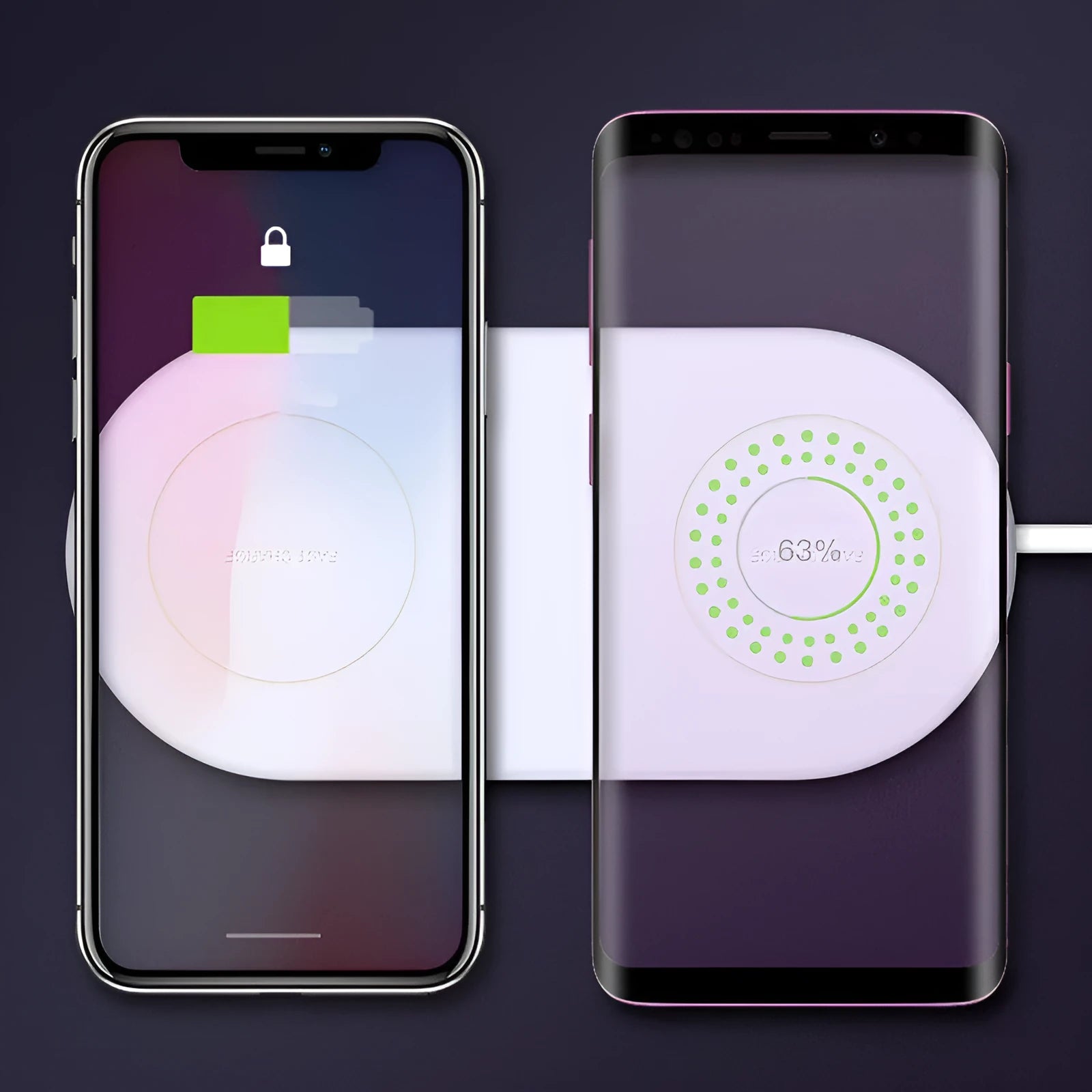 White dual-port wireless charger for two mobile phones with minimalist design