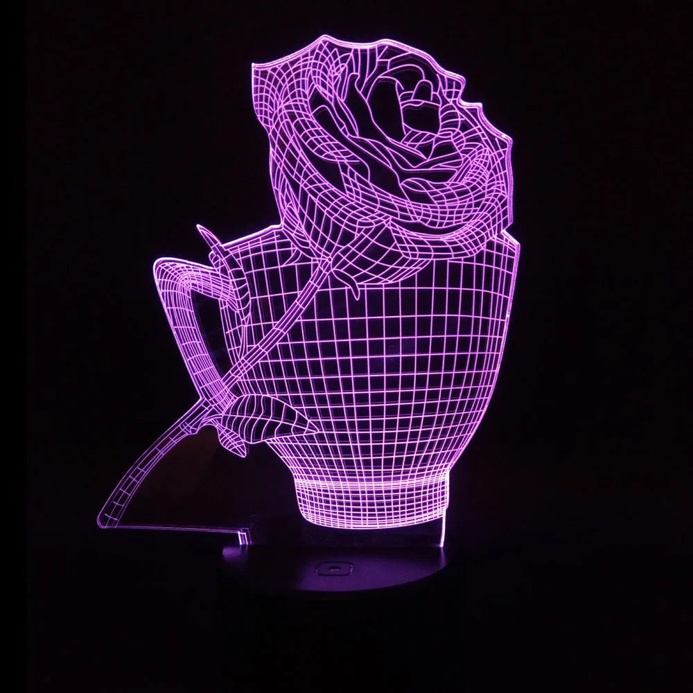 3D rose-shaped LED night light with remote control on a table, displaying a purple glow.