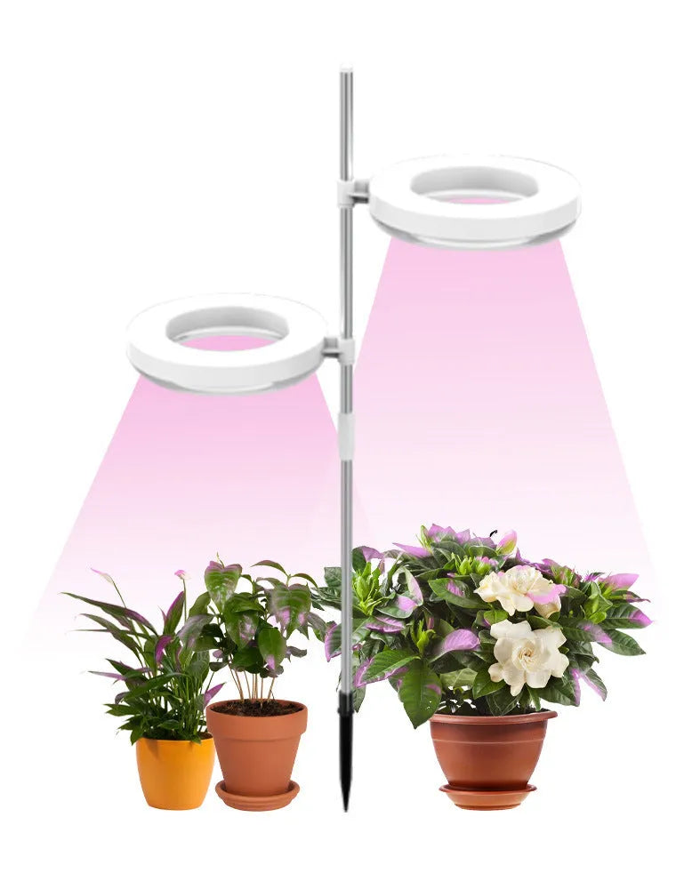 Compact white full spectrum LED plant growth light lamp on a wooden desk next to small potted succulents.