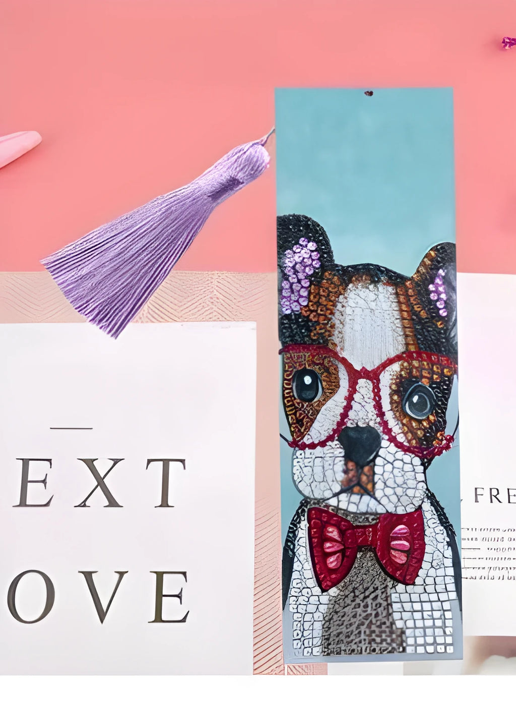 Handcrafted leather bookmark with a diamond-embroidered mandala flower design.