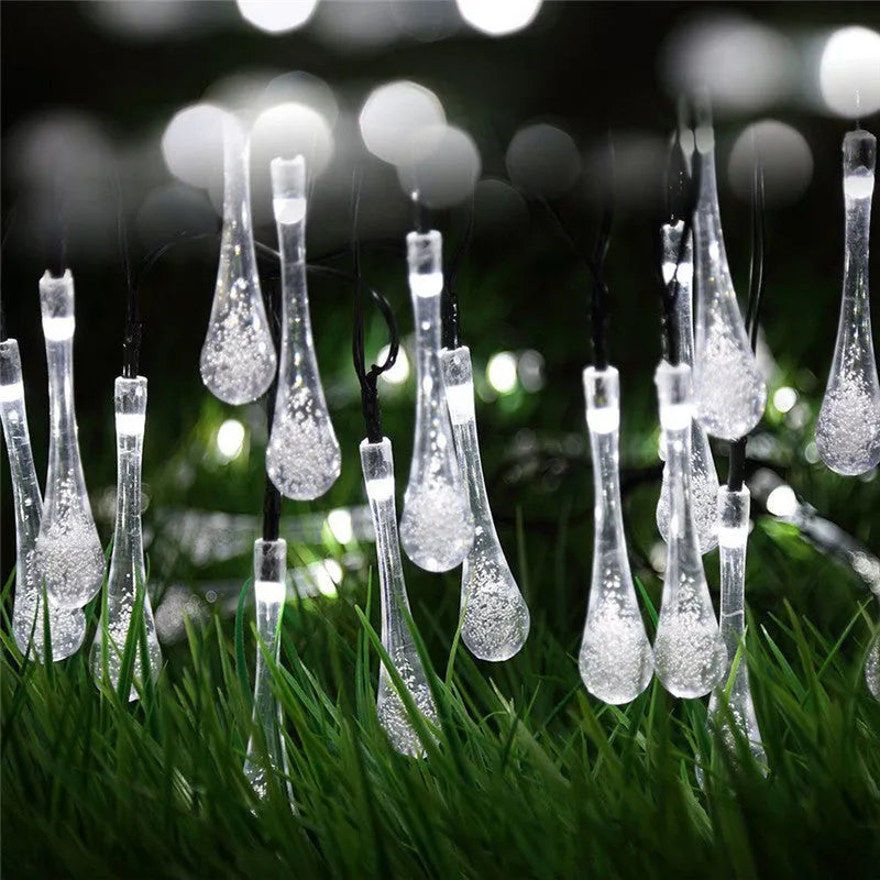 Solar-powered LED water drops string lights with 30 bulbs on 6.5 metre waterproof cable for outdoor garden use