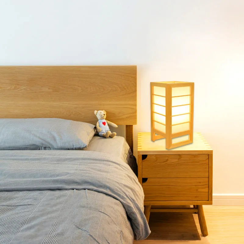 Solid wood Korean tatami bedside lamp with bamboo holder and push button switch