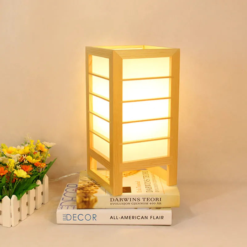 Solid wood Korean tatami bedside lamp with bamboo holder and push button switch