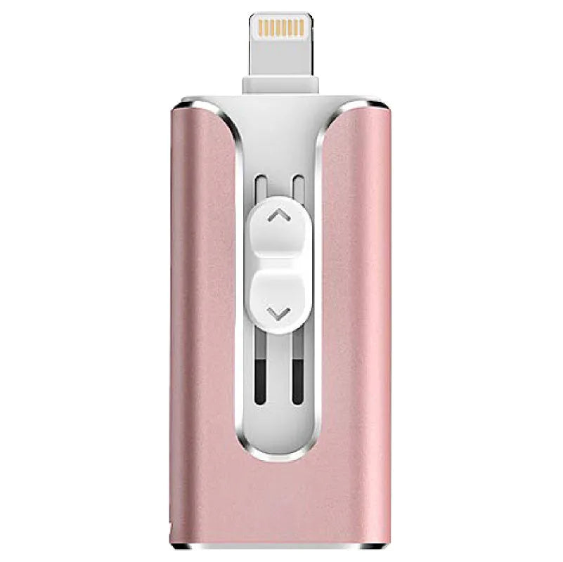 Metal triple interface USB flash drive with USB-A, Lightning, and USB-C connectors.