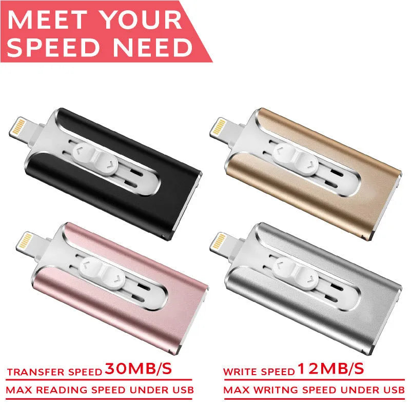 Metal triple interface USB flash drive with USB-A, Lightning, and USB-C connectors.