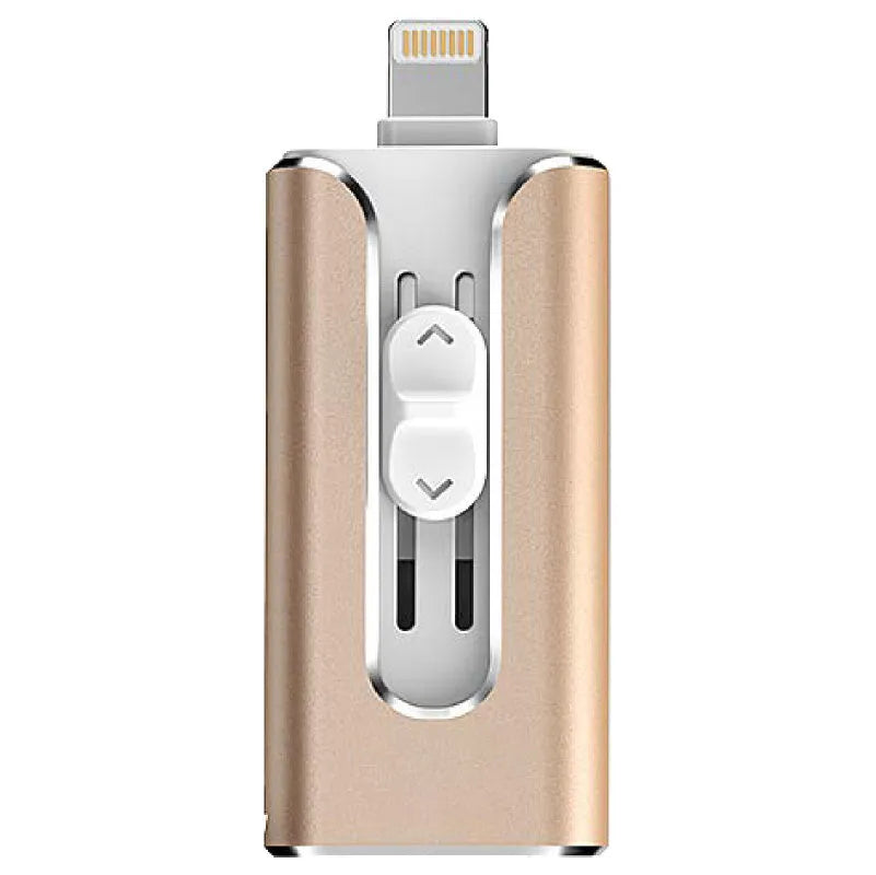 Metal triple interface USB flash drive with USB-A, Lightning, and USB-C connectors.