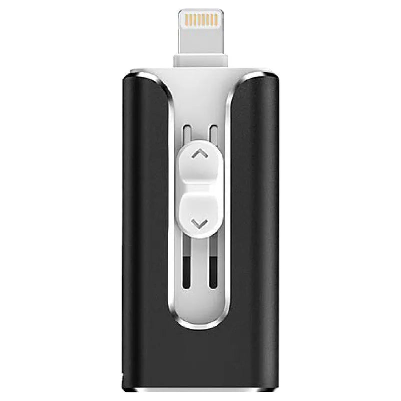 Metal triple interface USB flash drive with USB-A, Lightning, and USB-C connectors.