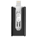 Metal triple interface USB flash drive with USB-A, Lightning, and USB-C connectors.