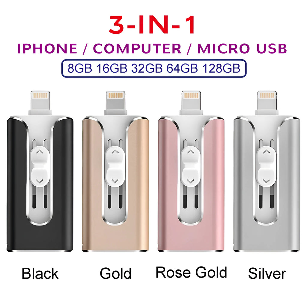 Metal triple interface USB flash drive with USB-A, Lightning, and USB-C connectors.