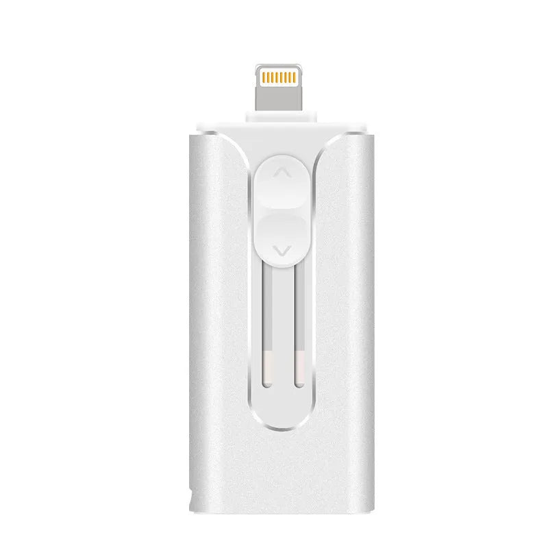Metal triple interface USB flash drive with USB-A, Lightning, and USB-C connectors.
