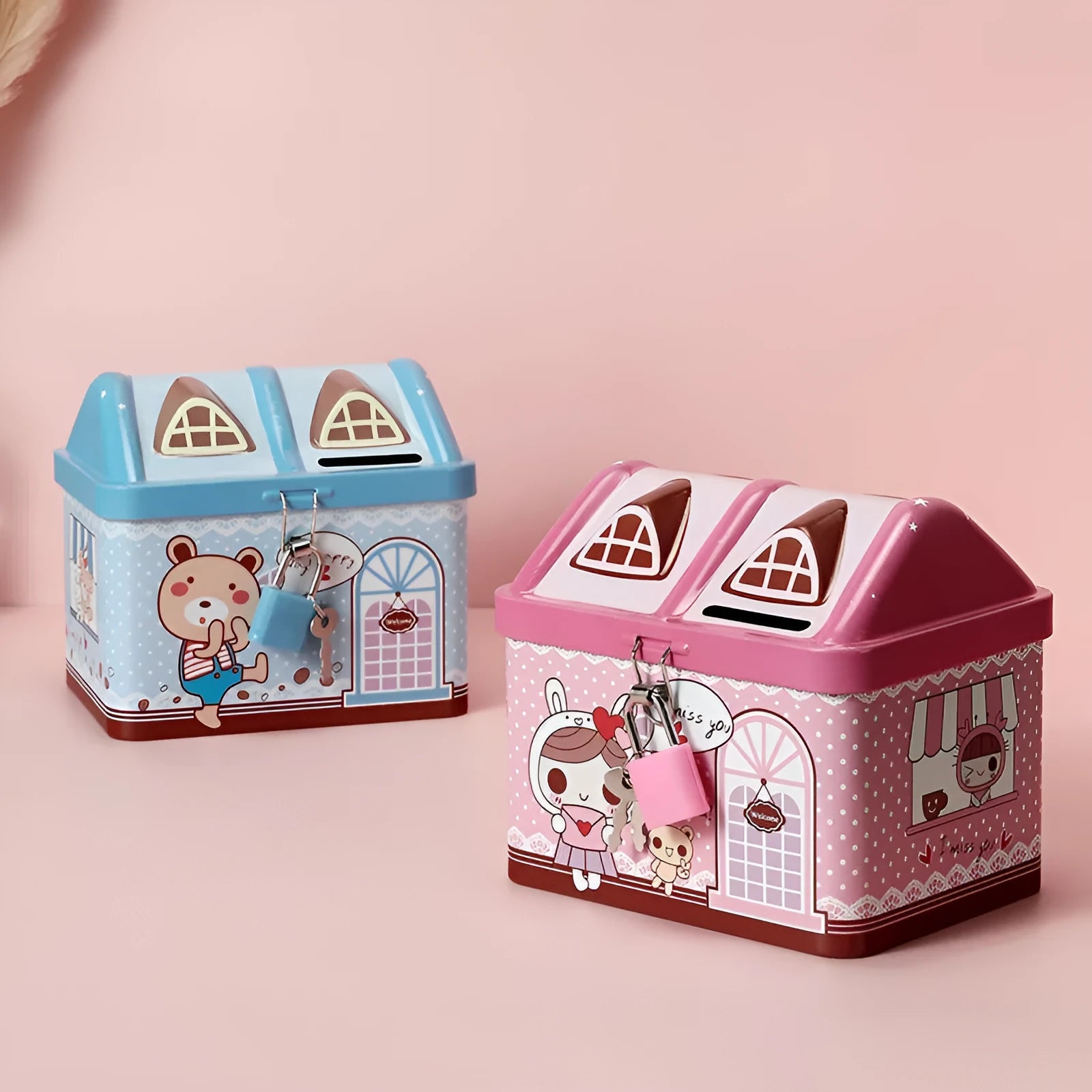 Blue house-shaped tinplate piggy bank for coin saving on wooden desk
