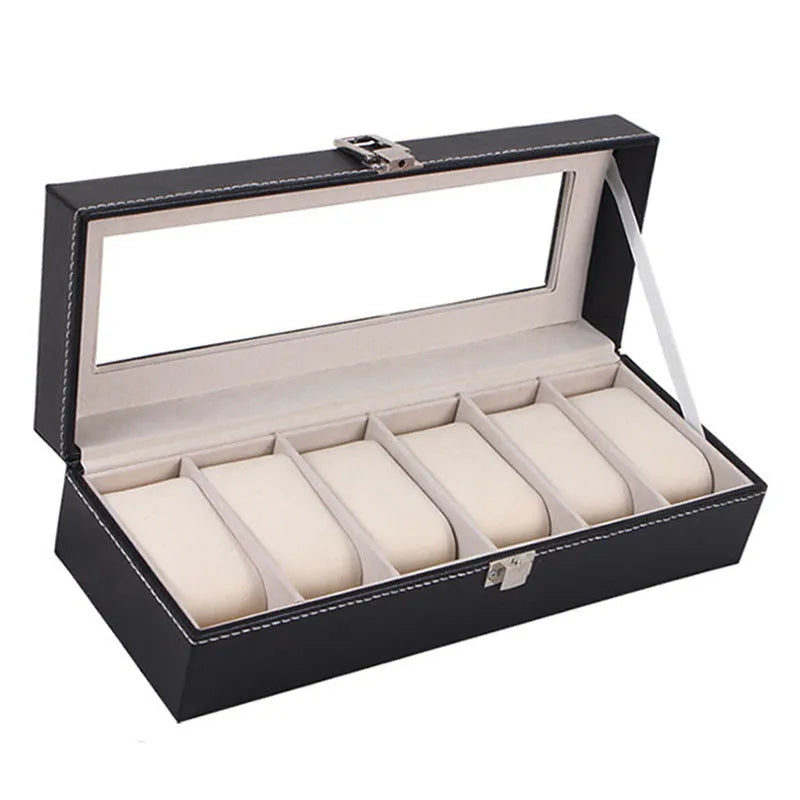 Black wooden watch jewelry box with six clear display compartments for watch storage
