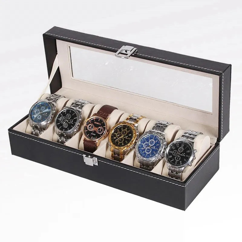 Black wooden watch jewelry box with six clear display compartments for watch storage