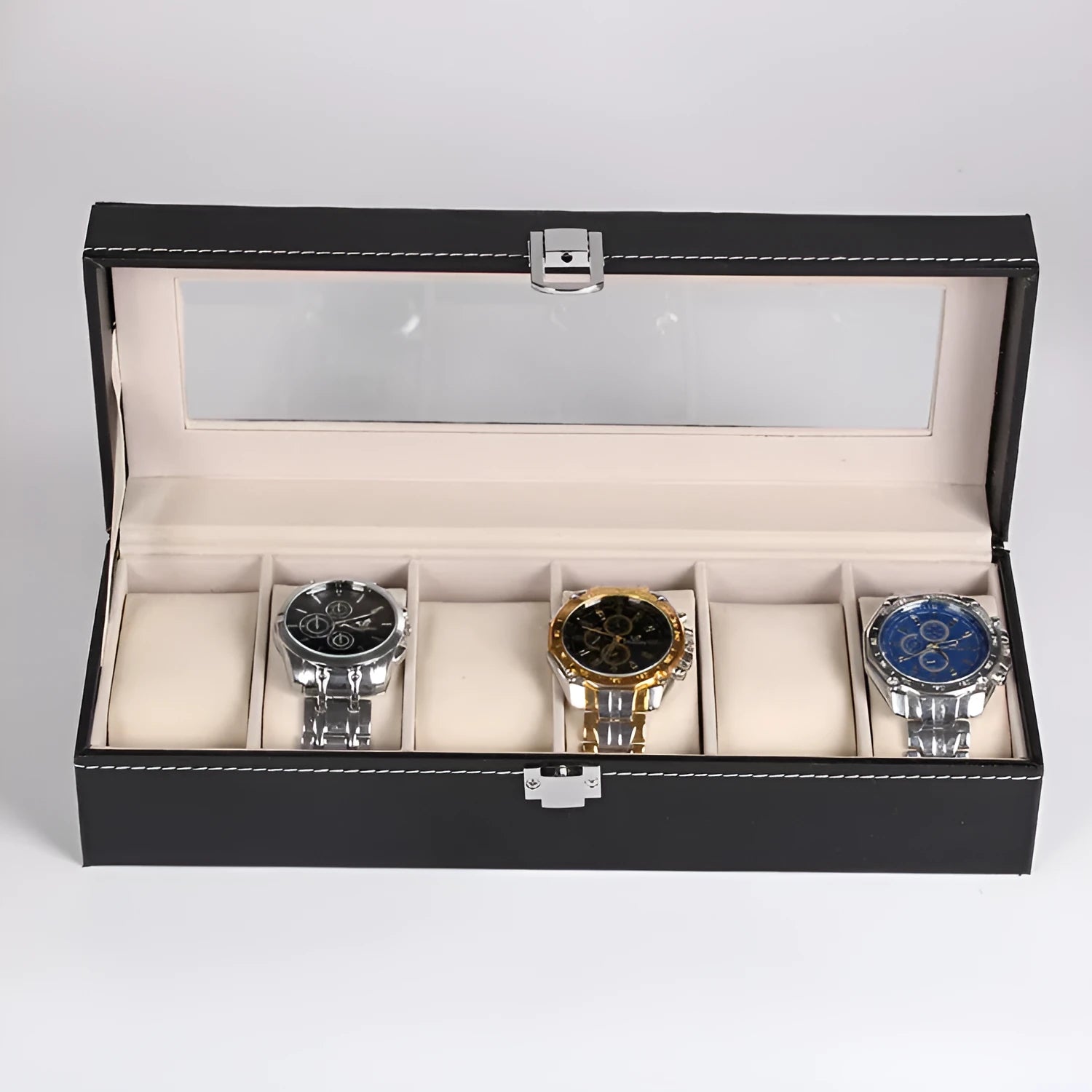 Black wooden watch jewelry box with six clear display compartments for watch storage