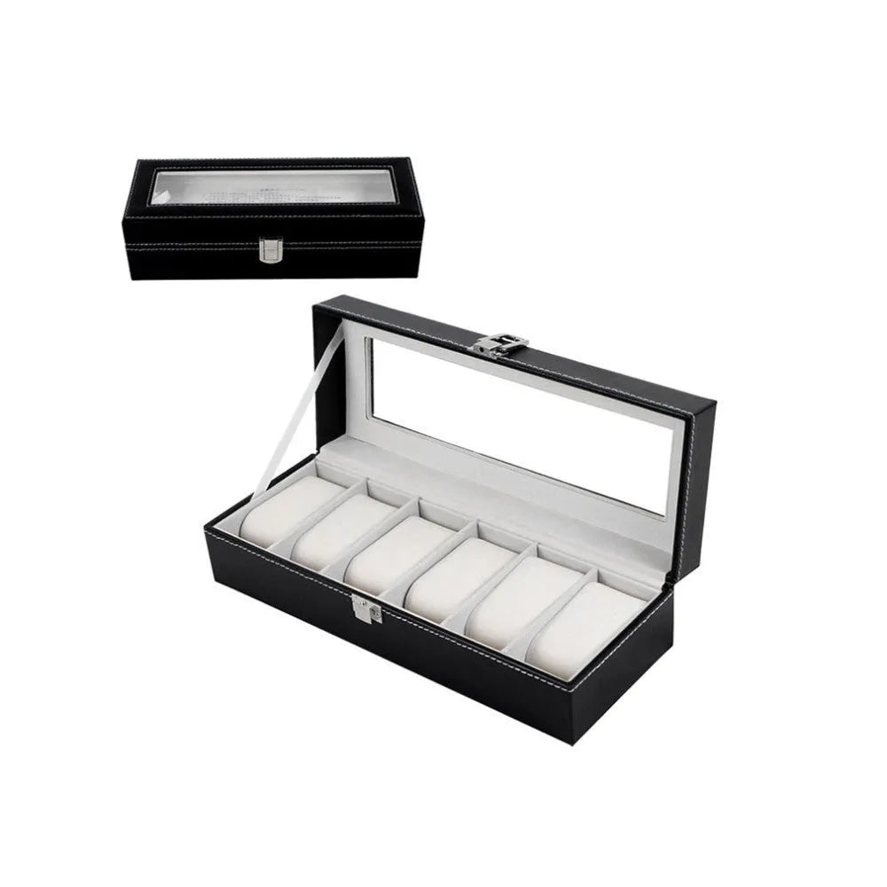 Black wooden watch jewelry box with six clear display compartments for watch storage