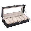 Black wooden watch jewelry box with six clear display compartments for watch storage