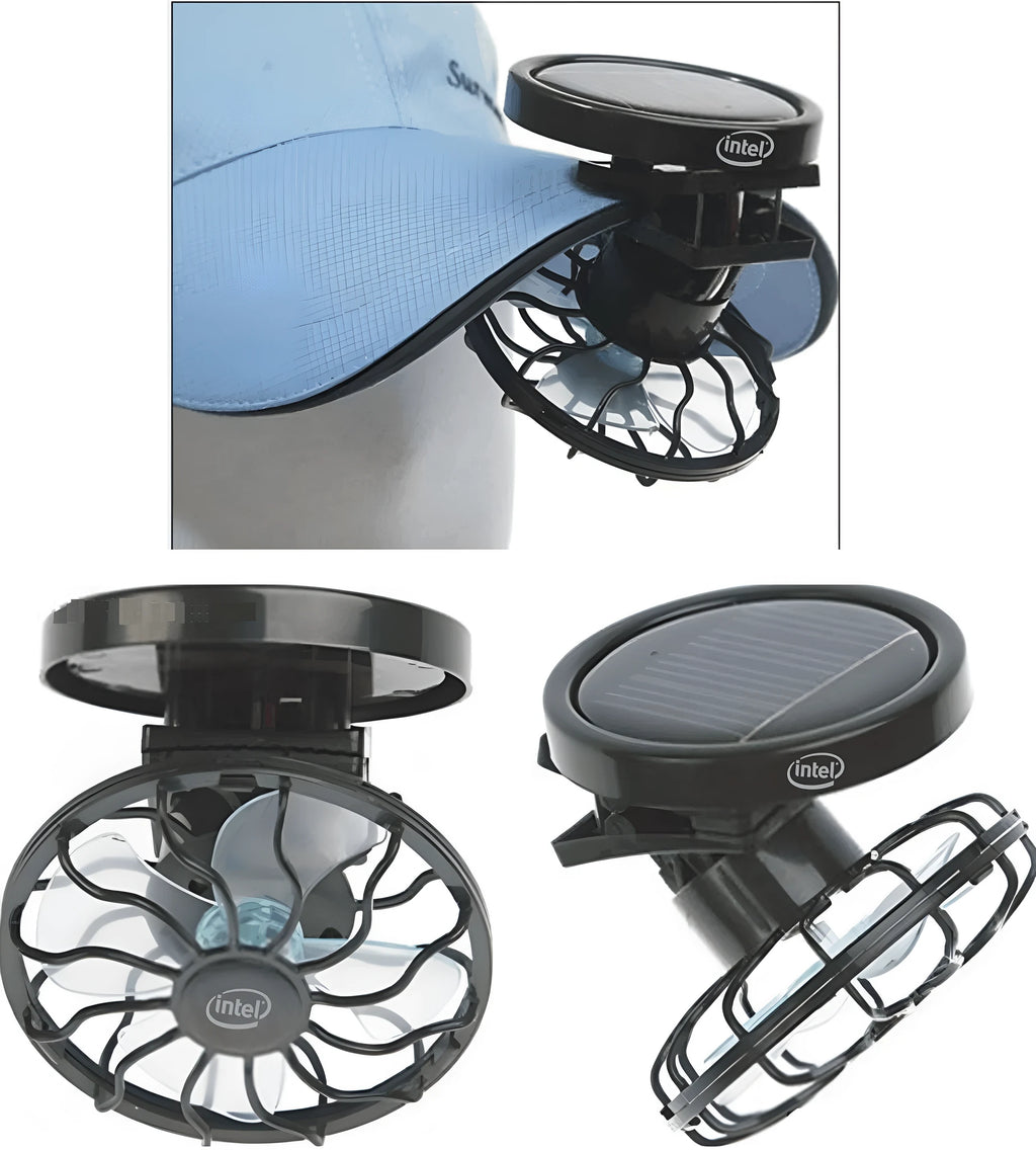 Black solar-powered clip-on fan with portable design for outdoor camping and fishing cooling.