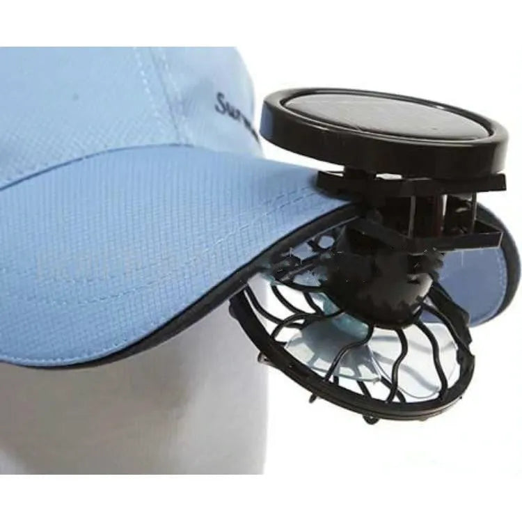 Black solar-powered clip-on fan with portable design for outdoor camping and fishing cooling.