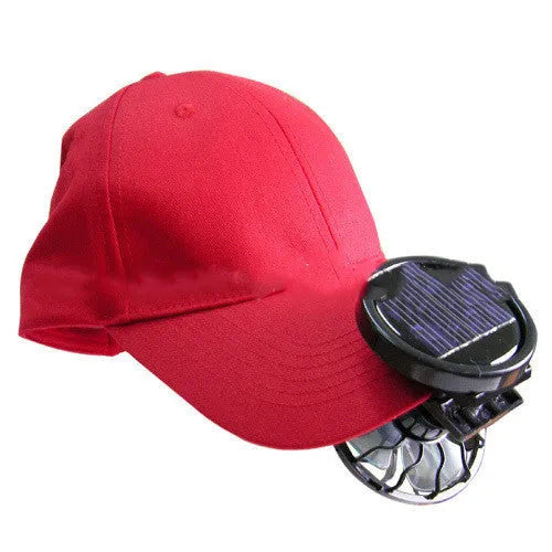 Black solar-powered clip-on fan with portable design for outdoor camping and fishing cooling.