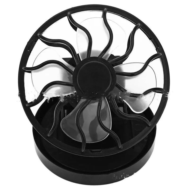 Black solar-powered clip-on fan with portable design for outdoor camping and fishing cooling.