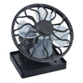 Black solar-powered clip-on fan with portable design for outdoor camping and fishing cooling.