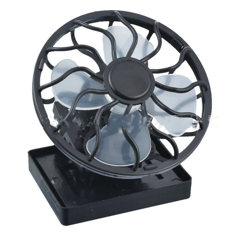 Black solar-powered clip-on fan with portable design for outdoor camping and fishing cooling.