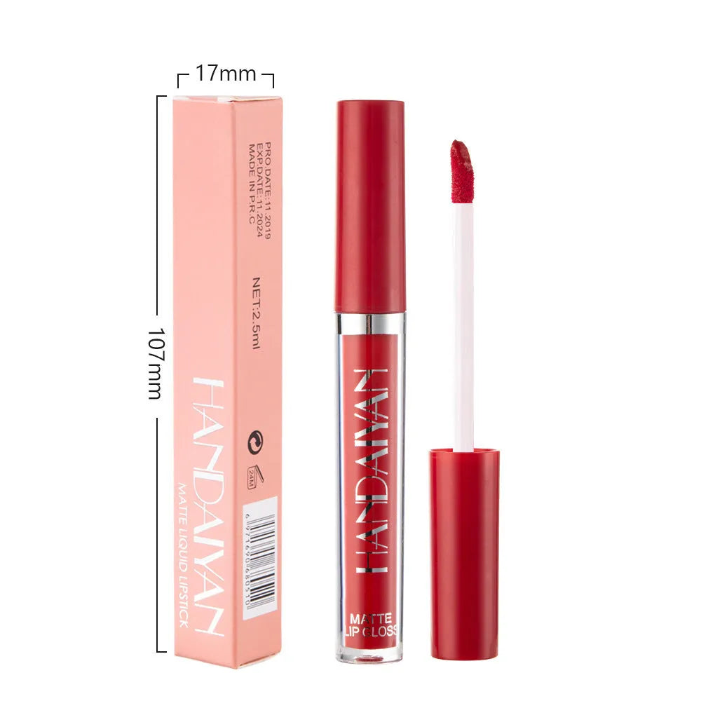 HANDAIYAN matte non-stick cup liquid lip gloss in 2.5ml tube showing colour options