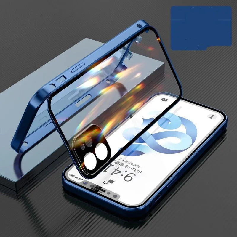 Aluminium metal frame and tempered glass protective bumper case for Apple iPhone in black, blue, red, or silver.