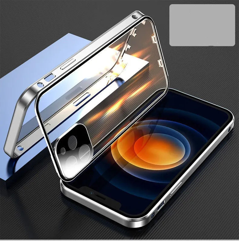 Aluminium metal frame and tempered glass protective bumper case for Apple iPhone in black, blue, red, or silver.