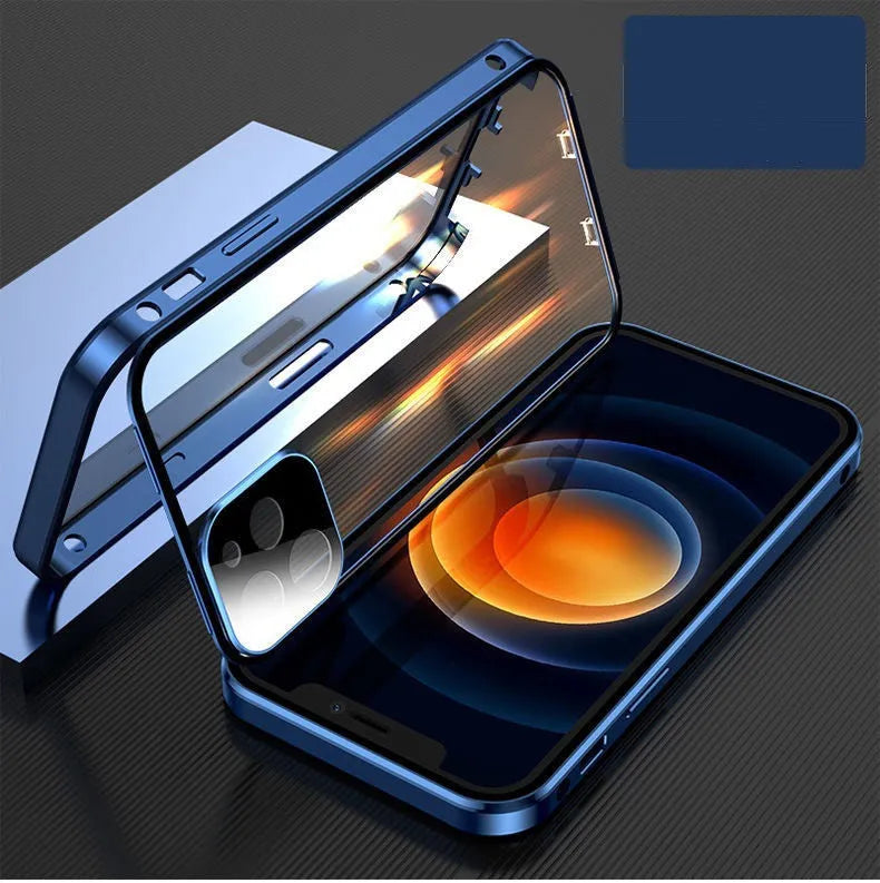 Aluminium metal frame and tempered glass protective bumper case for Apple iPhone in black, blue, red, or silver.