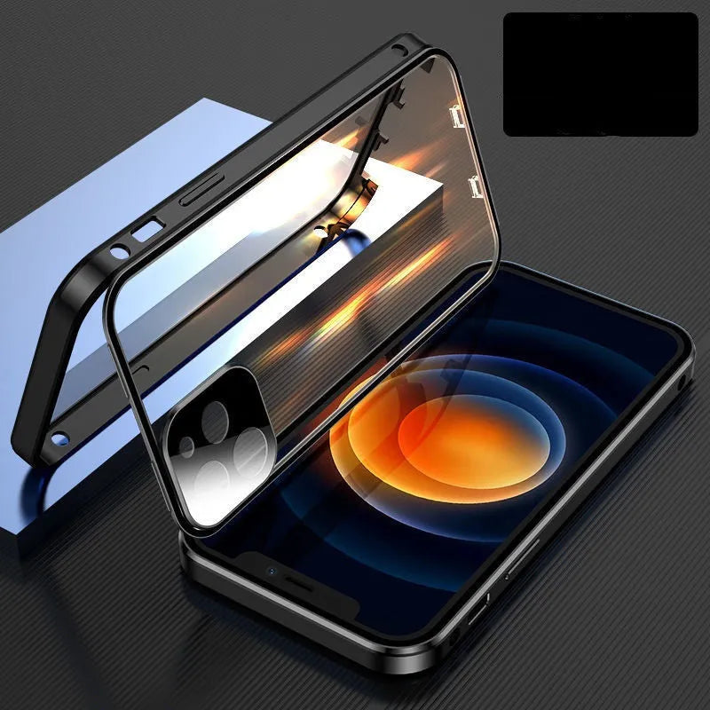Aluminium metal frame and tempered glass protective bumper case for Apple iPhone in black, blue, red, or silver.