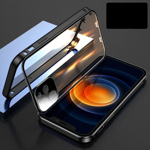 Aluminium metal frame and tempered glass protective bumper case for Apple iPhone in black, blue, red, or silver.