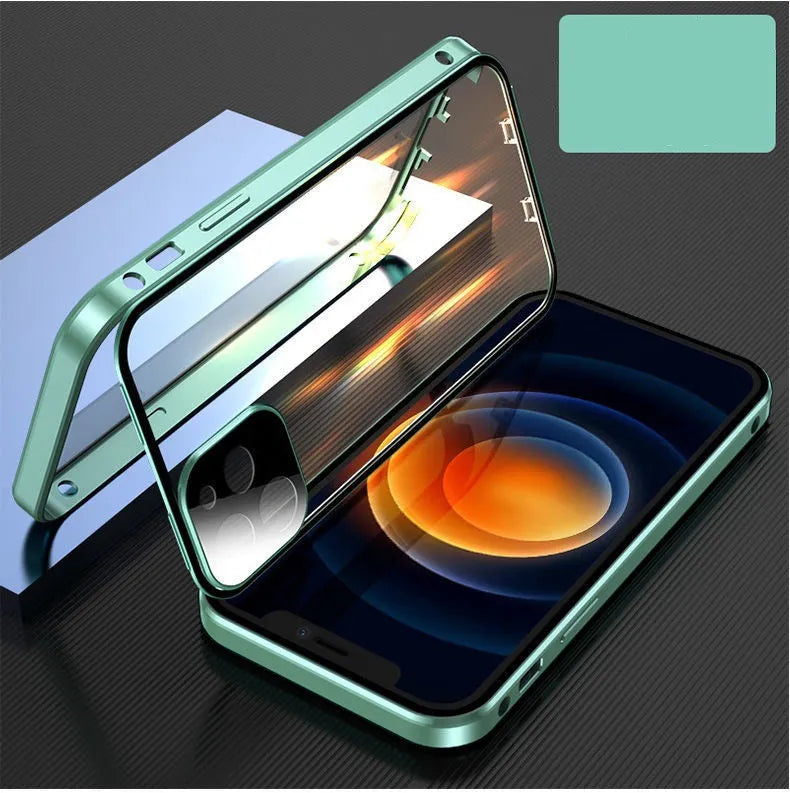 Aluminium metal frame and tempered glass protective bumper case for Apple iPhone in black, blue, red, or silver.