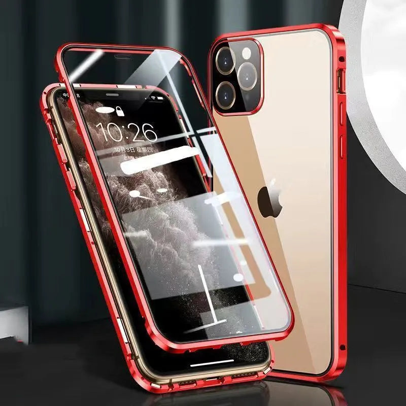 Aluminium metal frame and tempered glass protective bumper case for Apple iPhone in black, blue, red, or silver.