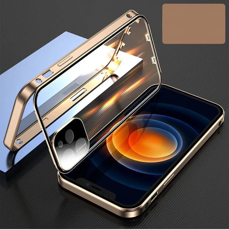 Aluminium metal frame and tempered glass protective bumper case for Apple iPhone in black, blue, red, or silver.