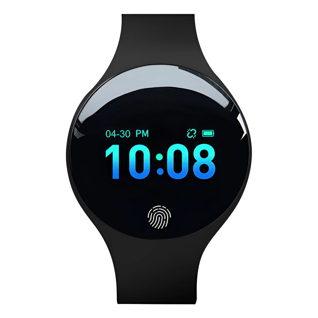 Smart watch with Bluetooth connectivity, vibrating alarm, pedometer, and 0.66-inch screen display