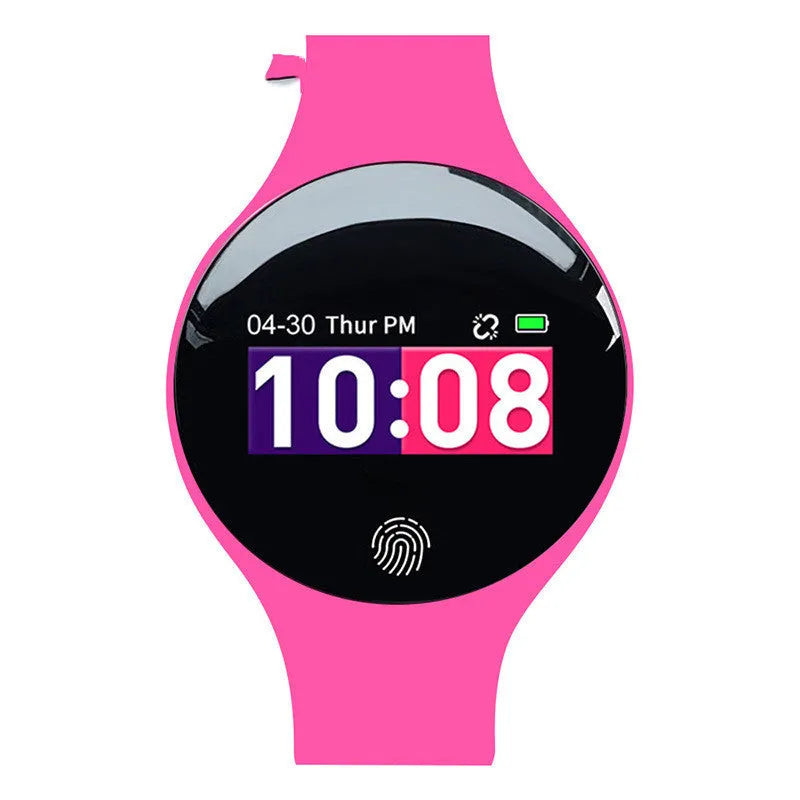 Smart watch with Bluetooth connectivity, vibrating alarm, pedometer, and 0.66-inch screen display